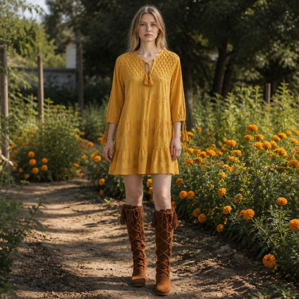 Indigo Thread Co Tunic Dress Size M Marigold Tiered Boho Peasant